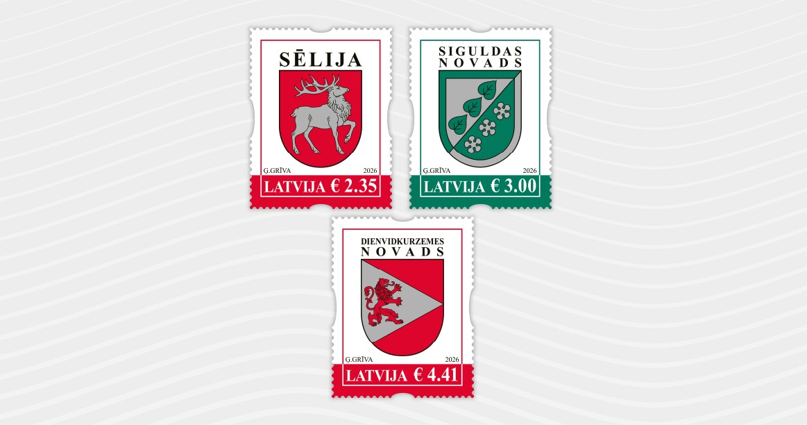 Izdos pastmarkas ar Sēlijas, Siguldas un Dienvidkurzemes novadu ģerboņiem 