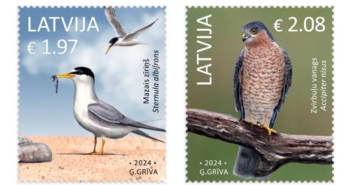 Putni2024_markas Putnu sērijas jaunajās pastmarkās – mazais zīriņš un zvirbuļvanags