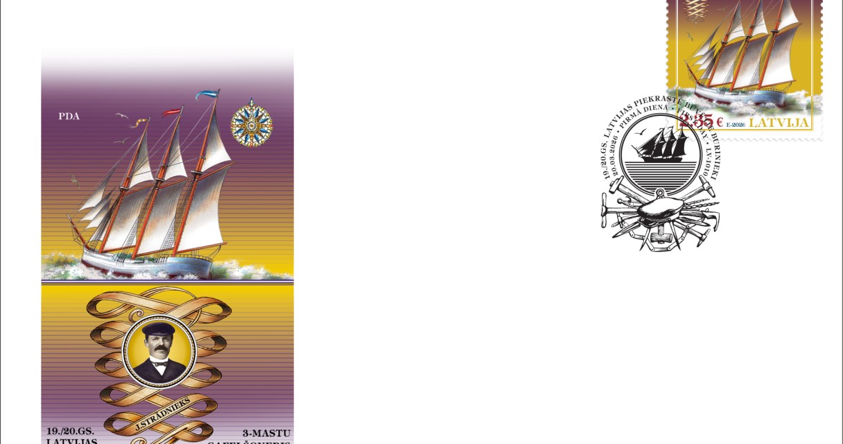 Aploksne_publicitātes foto Latvian Three-Masted Schooner Daina Sets Sail on a Postage Stamp